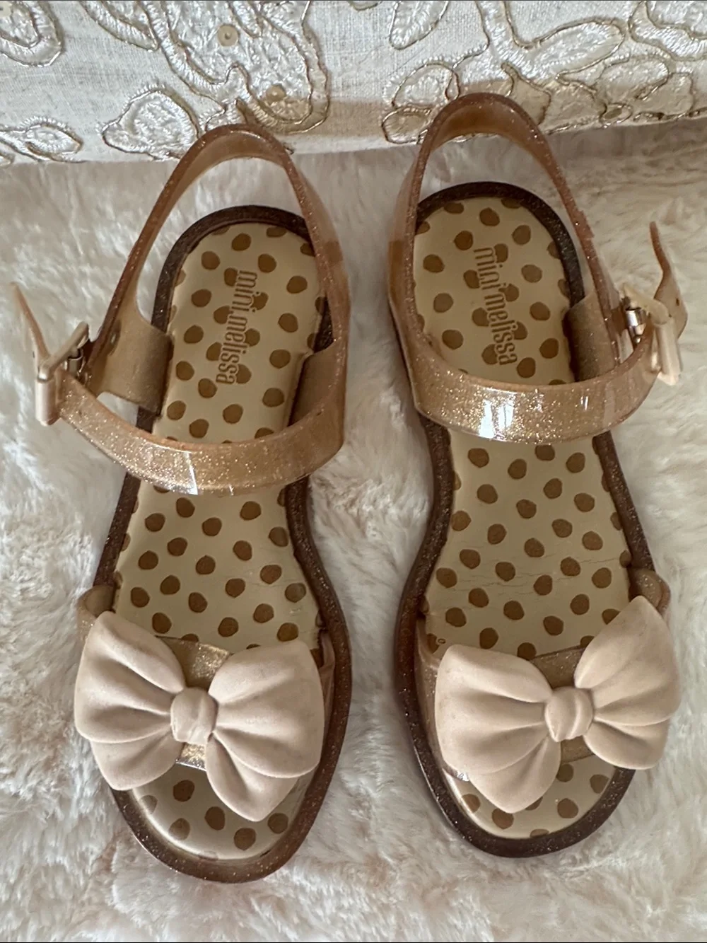 Mini Melissa Girls' Bow Sandals in Nude Gold/Beige with Glitter Straps